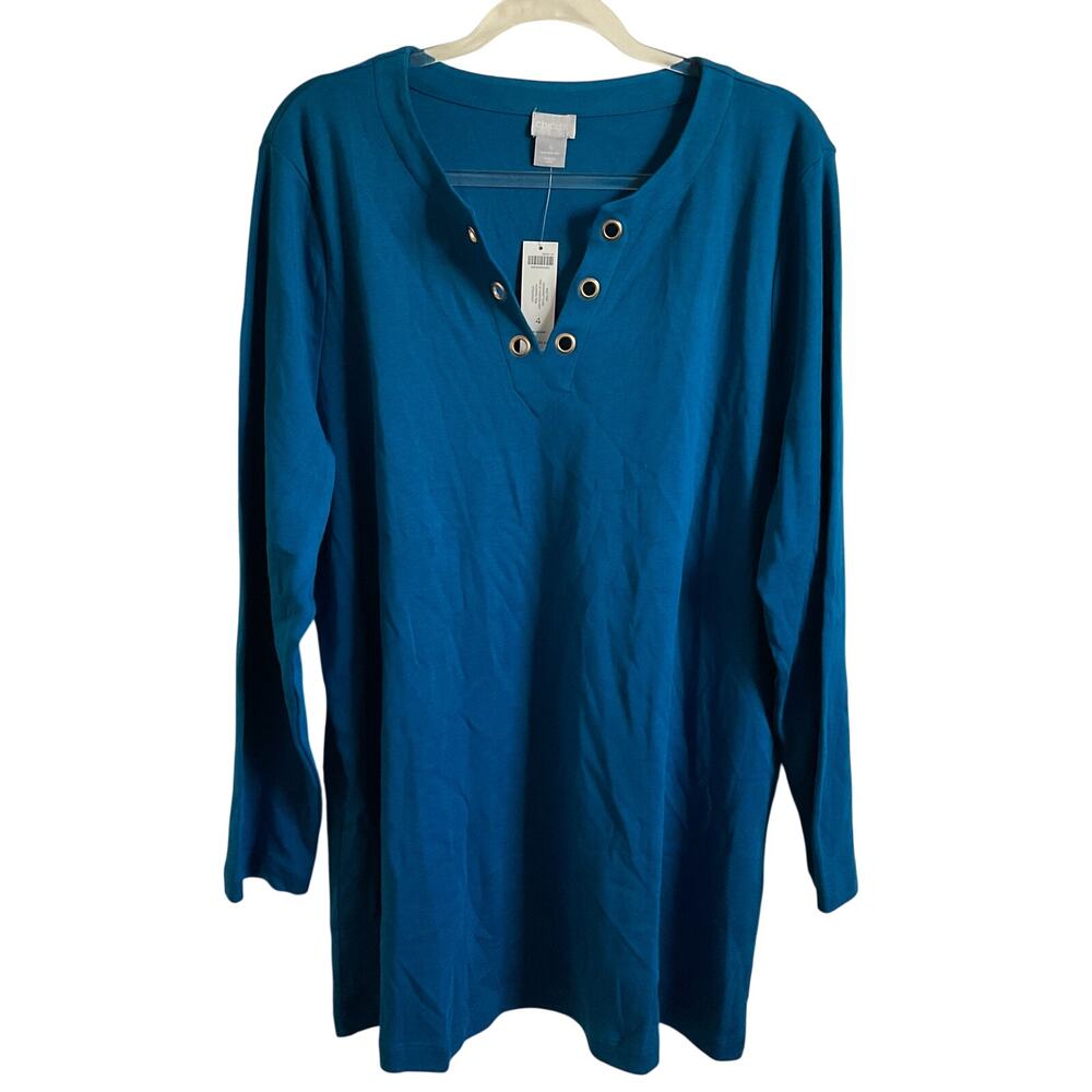 Chico’s Pima‎ Cotton Knit Grommet Tunic Top - Aurora Teal - Size XXL NEW